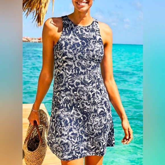 Athleta Santorini Indigo Floral Tropical High Neck Travel Tank Dress XS - Picture 1 of 7